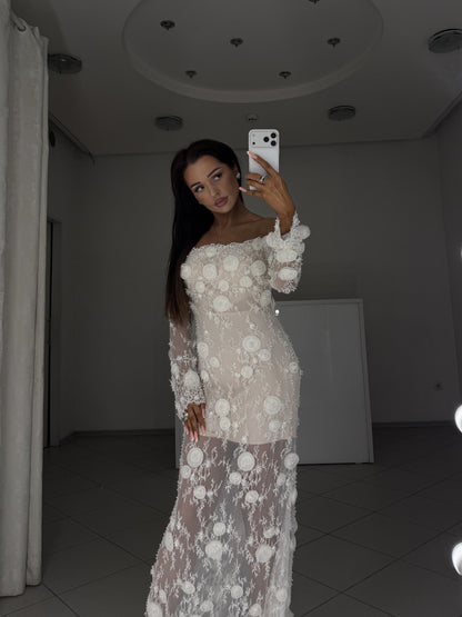 Agata milk lace dress with 3D flowers, pearls and beads - three-quarter front view