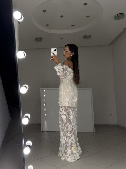 Agata maxi dress with elastic off-shoulder line and embroidered sleeves - side and back view