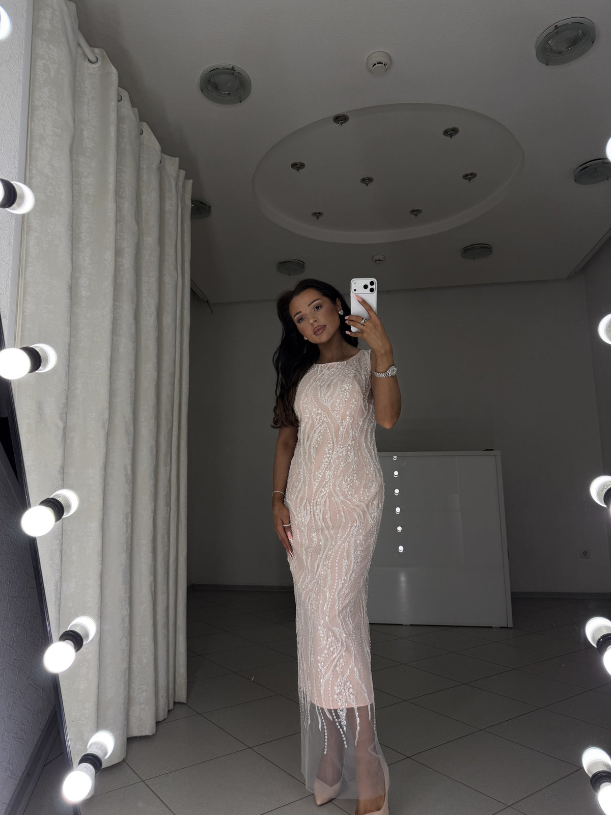 Powder midi dress Alba with embroidered milky guipure - front view