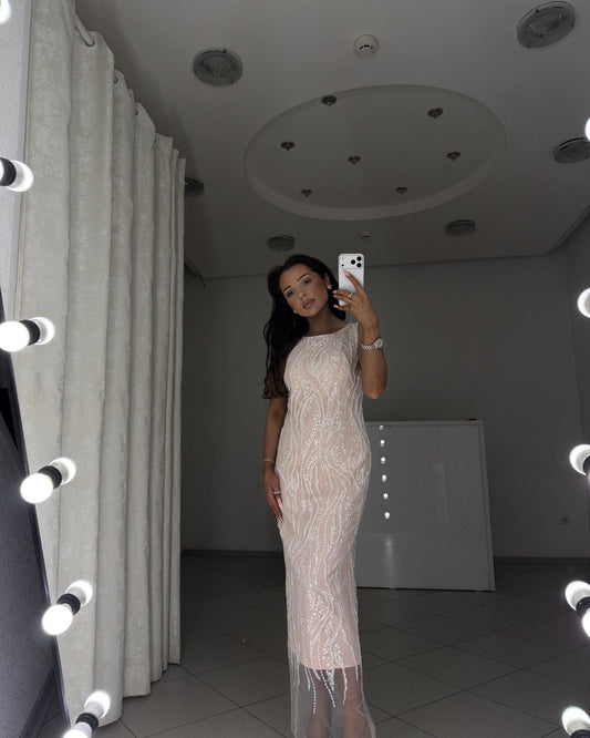 Powder midi dress Alba with embroidered milky guipure - front view