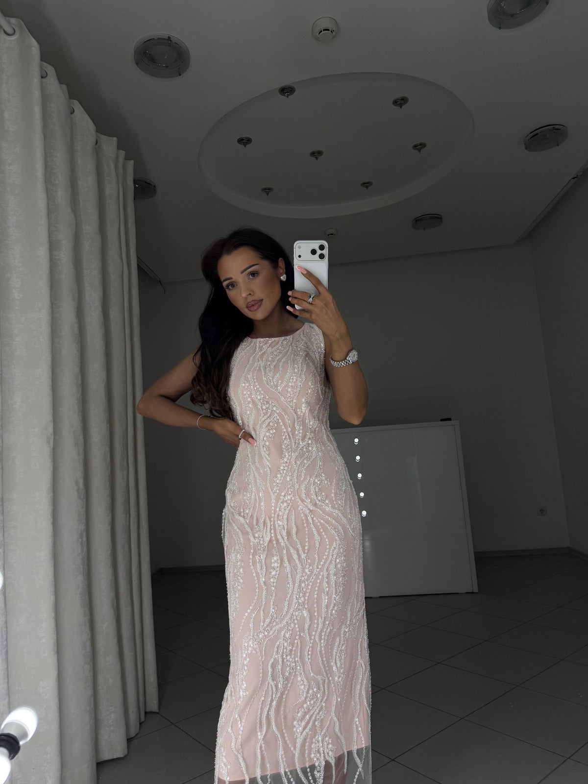 Sheath midi dress Alba with beaded embroidery and round neckline - waist-up view
