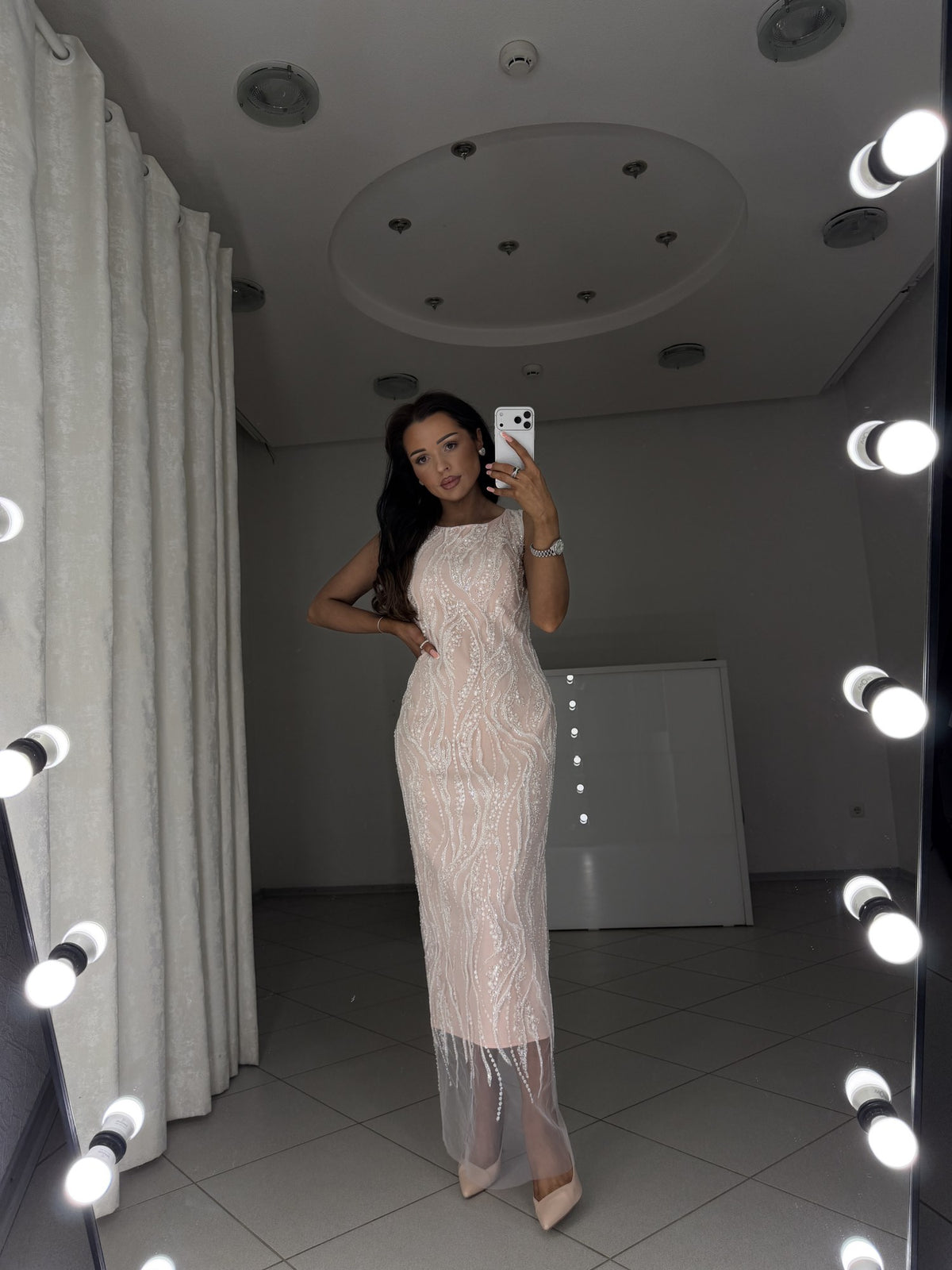 Powder embroidered midi dress with sequins and beads - full-length view