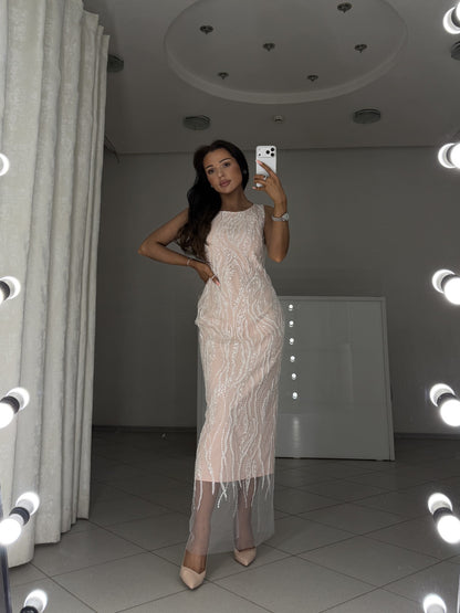 Alba semi-fitted sheath dress with tulle hem - full-length view