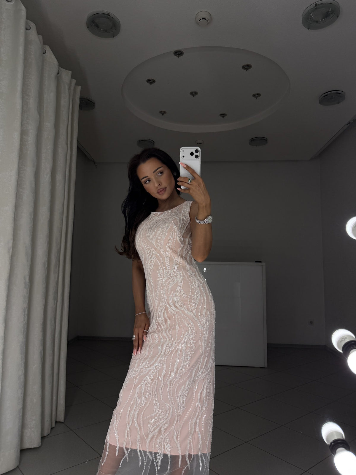 Alba embroidered dress with powder lining - side view