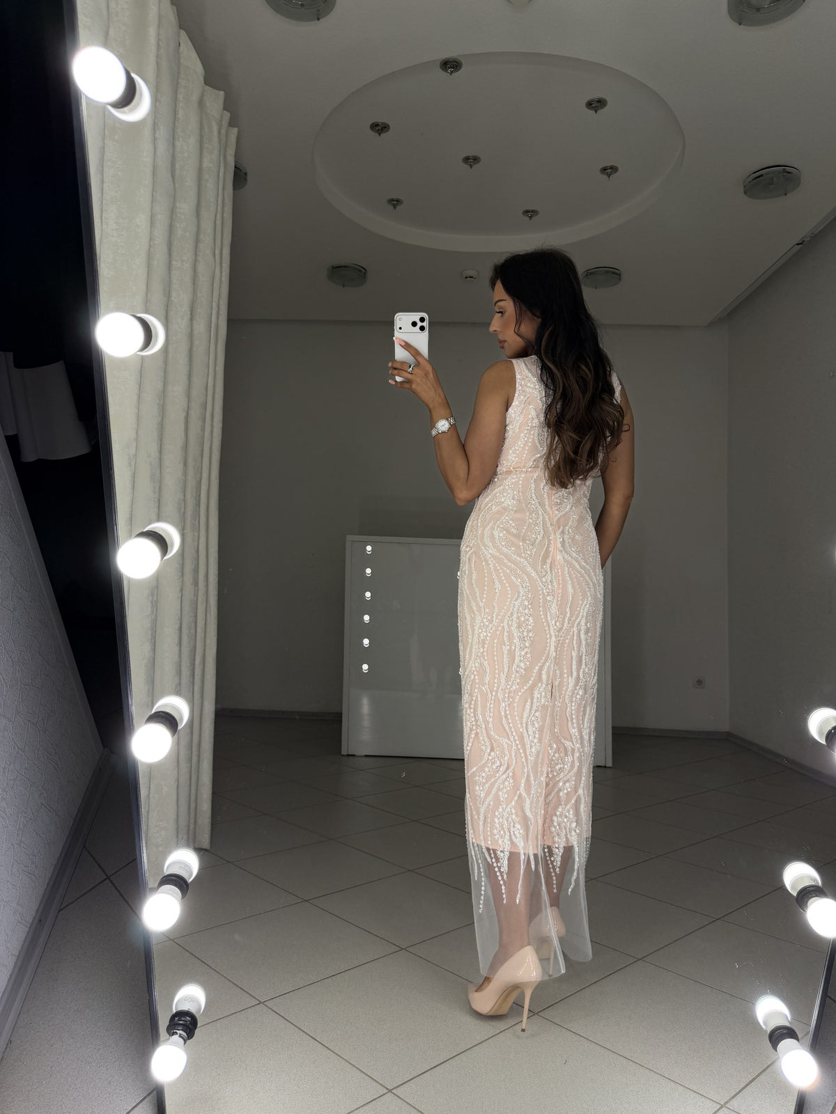 Alba midi dress with back zip and slit - back view