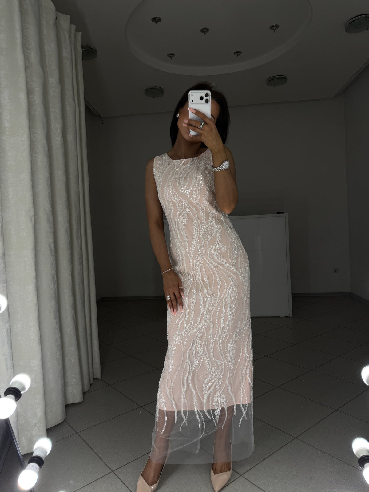 Powder midi dress Alba with beaded fringe-like embroidery - front view