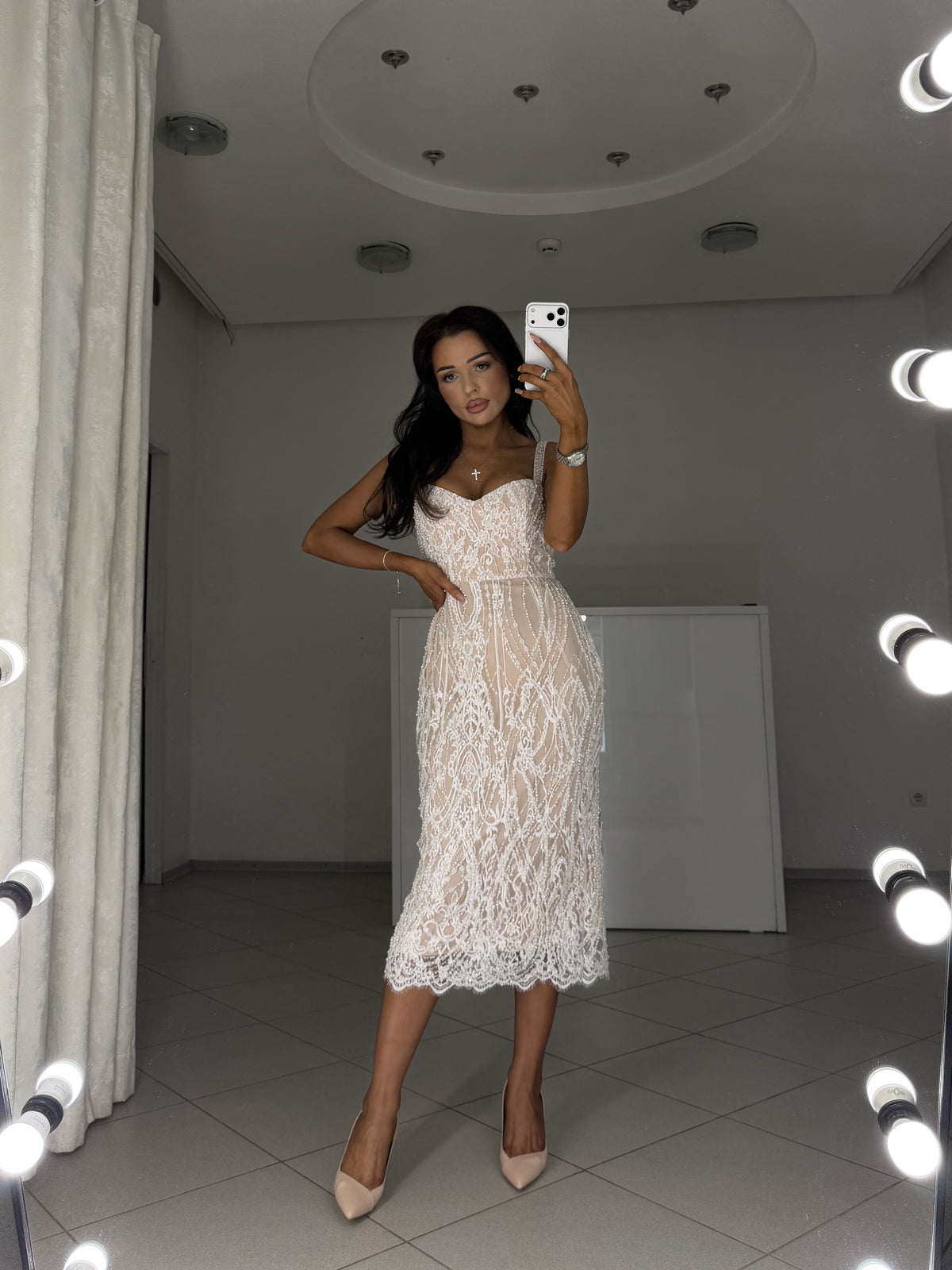 Pearl embroidered white lace midi dress Arabella - full-length mirror view in nude heels