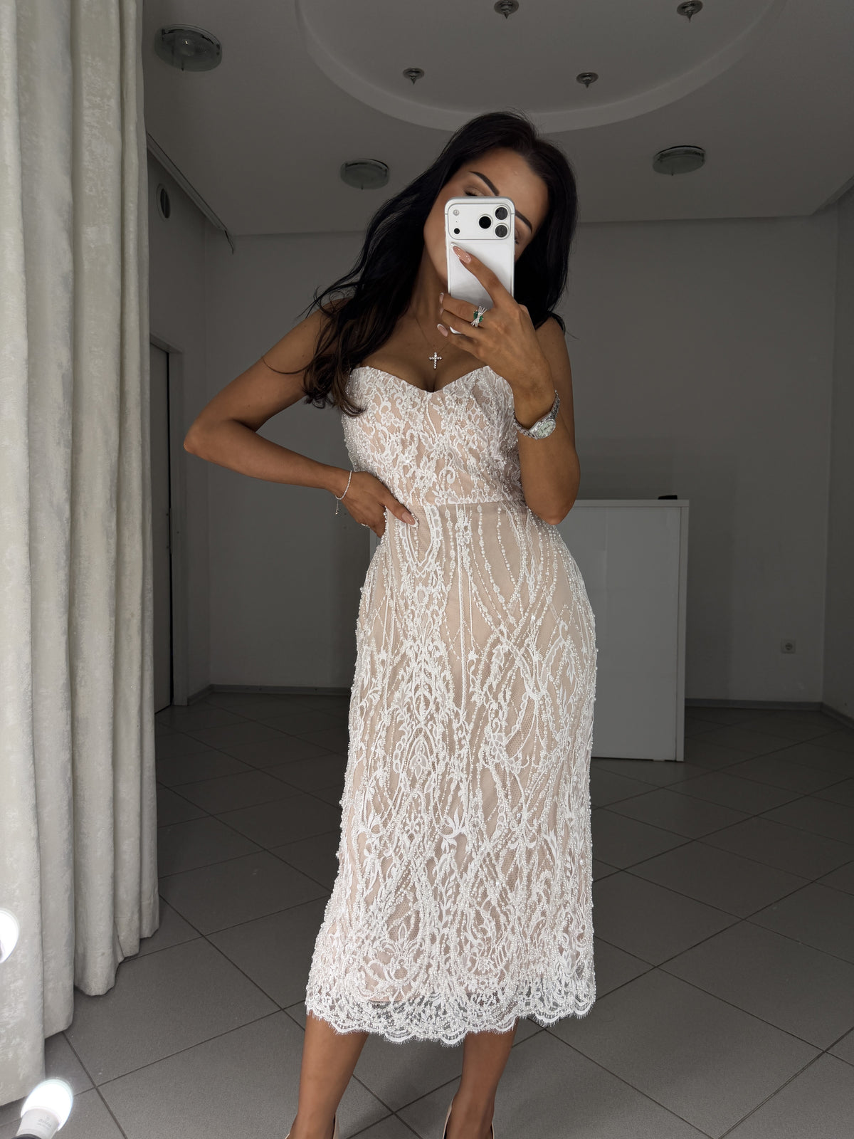 White pearl lace midi dress with adjustable straps - three-quarter front view