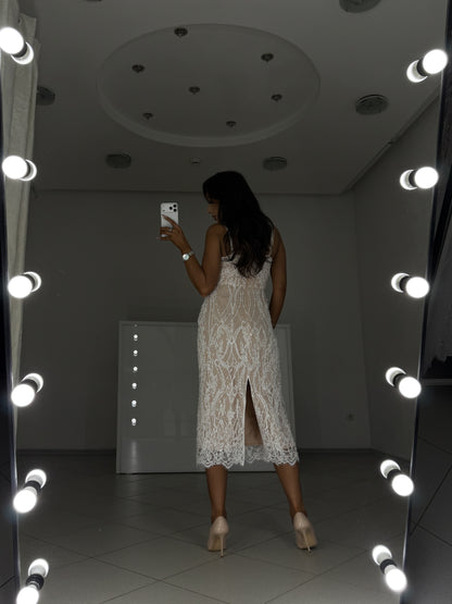 White lace midi dress Arabella - back view with slit and hidden zip