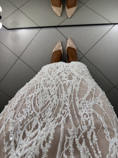 Pearl and bead embroidery on Chantilly lace skirt over nude lining - view from above