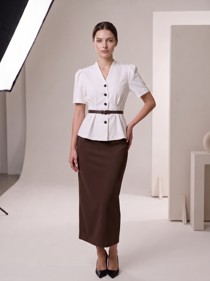 Suit "Jacklin" chocolate - front view on model
