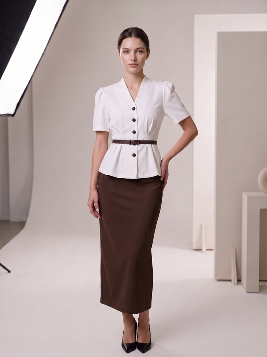 Suit "Jacklin" chocolate - front view on model