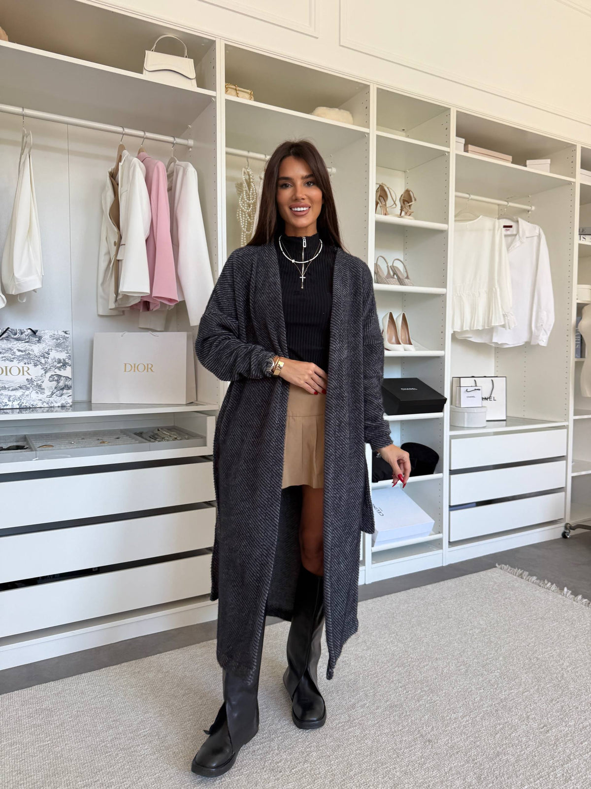 Charcoal gray ribbed knit long cardigan, back view showing the ankle-grazing length