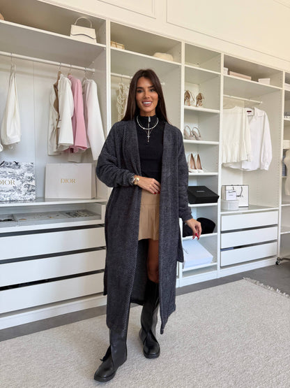 Charcoal gray ribbed knit long cardigan, back view showing the ankle-grazing length