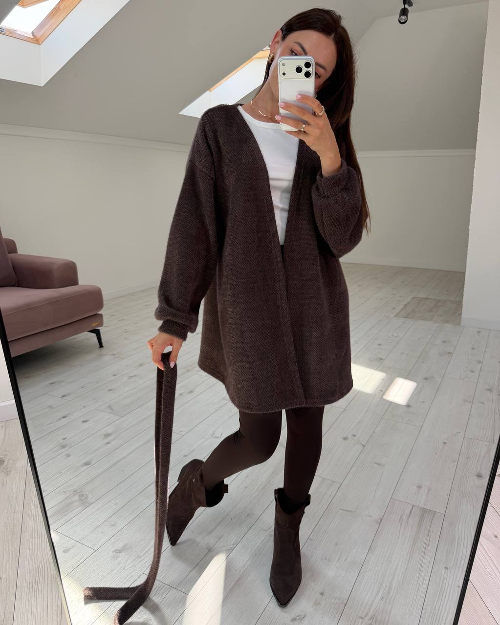 Cardigan Dove chocolate open front waffle knit, full length front view