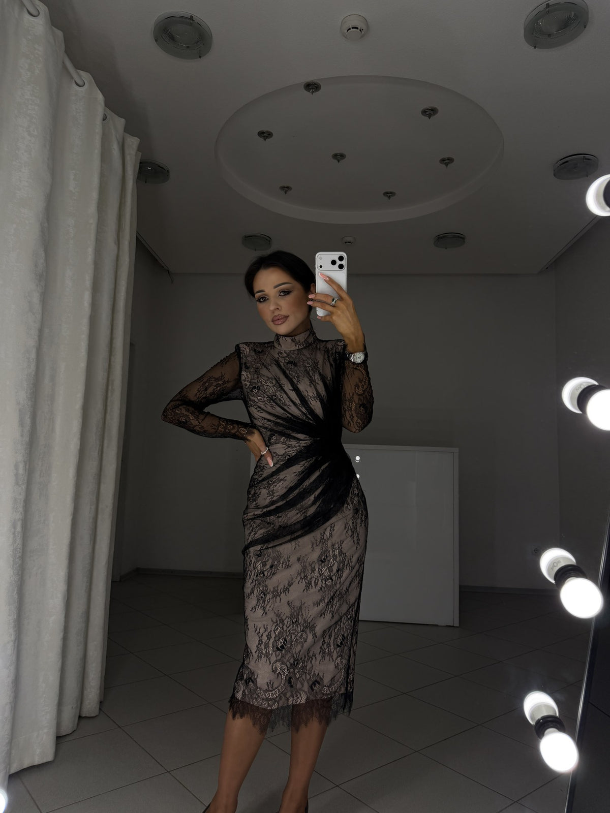 Fitted black lace midi dress Carla with high neckline - three-quarter view