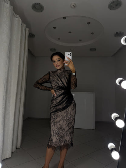 Fitted black lace midi dress Carla with high neckline - three-quarter view