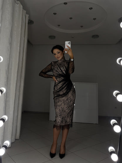 Carla black lace dress on beige lining with draped waist - front view