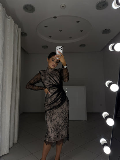 Midi dress with draping accenting the waist and scalloped lace hem