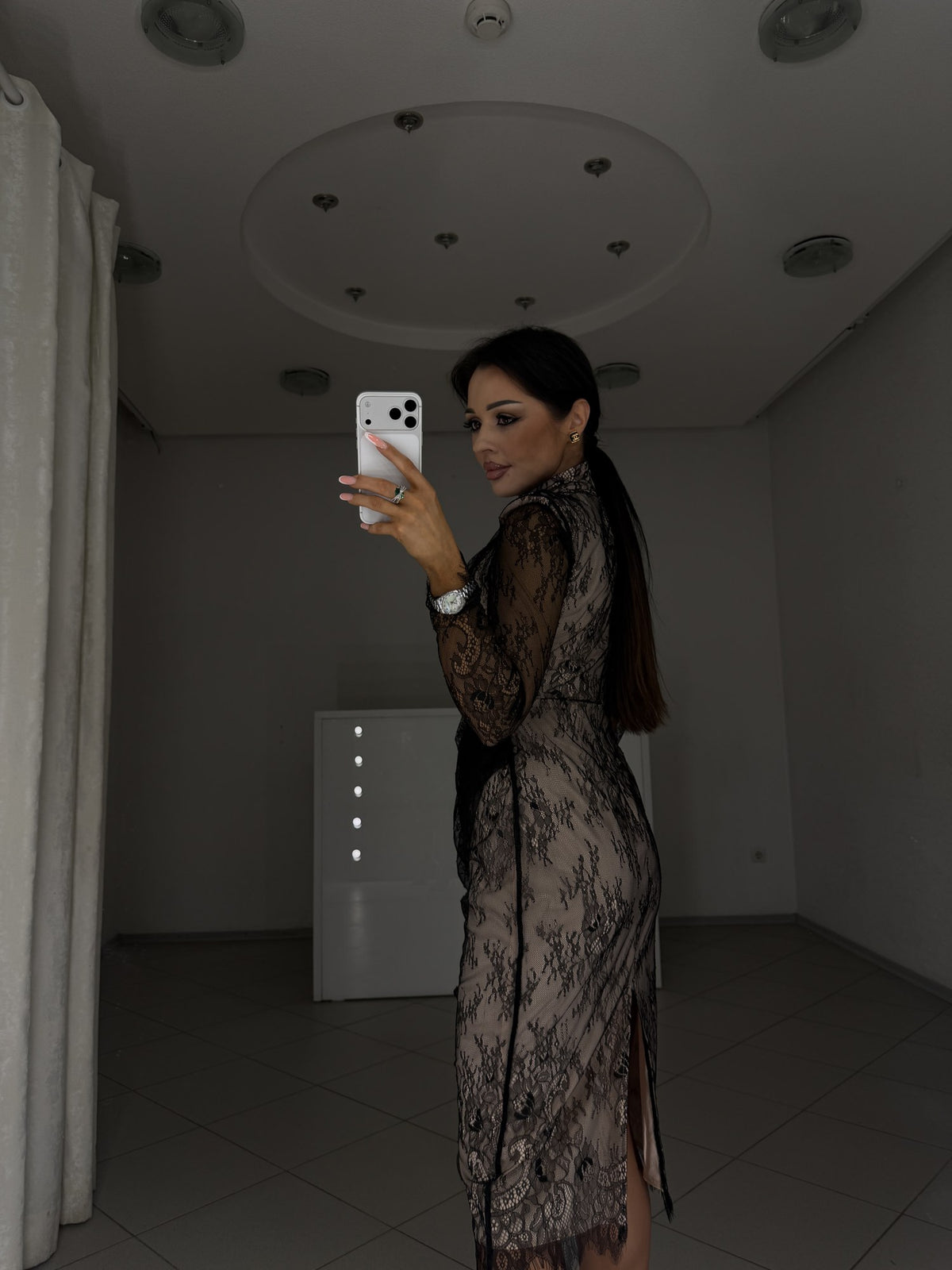 Carla lace midi dress with back slit - side and back view