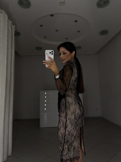 Carla lace midi dress with back slit - side and back view