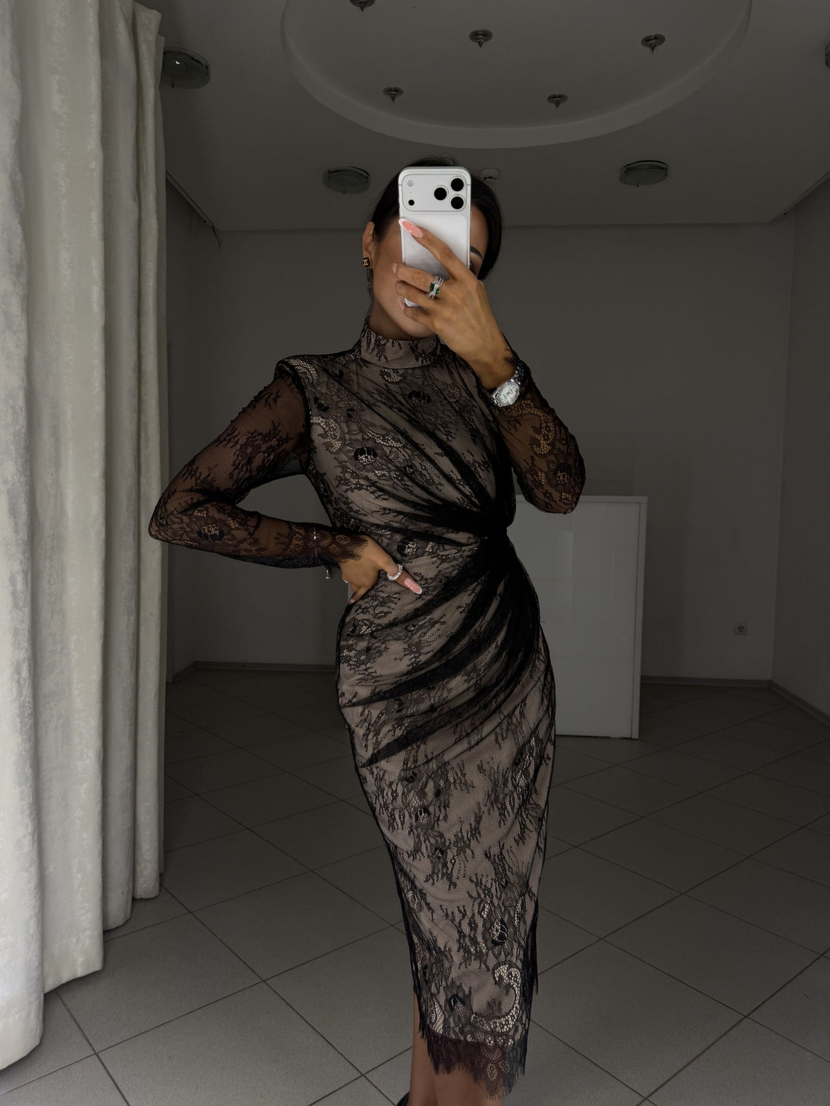 Black lace midi dress with high neck and long lace sleeves - close view