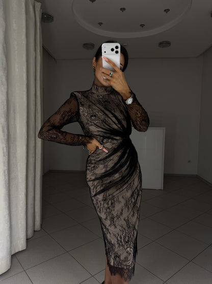 Black lace midi dress with high neck and long lace sleeves - close view