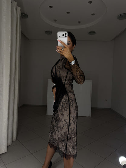 Carla lace dress with architectural draping - side view