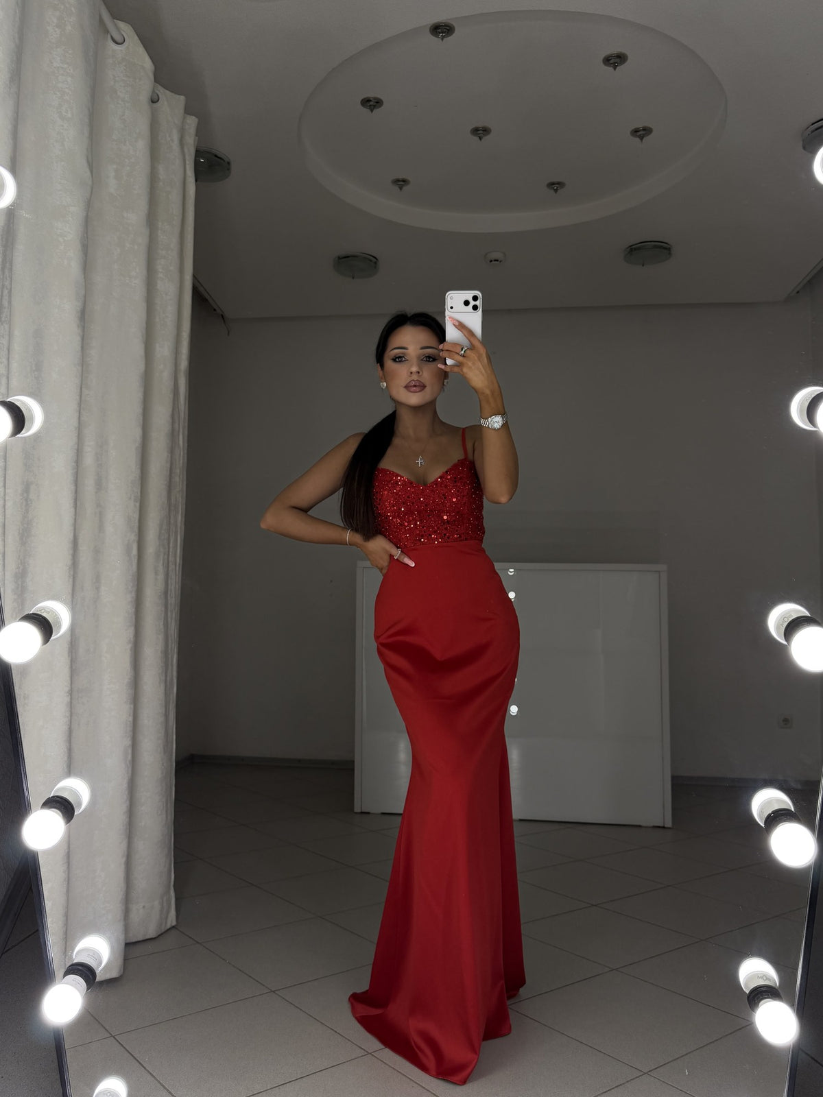 Red satin maxi dress Carmen with beaded sequin bodice - front view, hand on hip