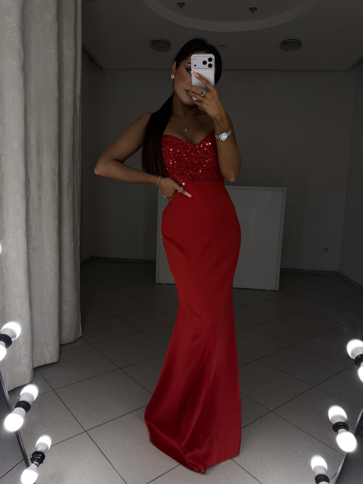Red satin maxi dress Carmen with sequin embroidery - view with hand on waist