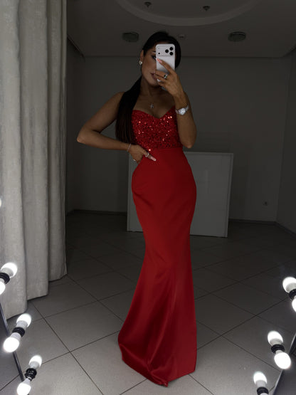 Red satin maxi dress Carmen with sequin embroidery - view with hand on waist