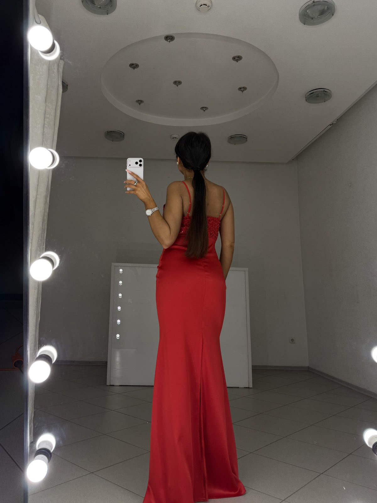 Red maxi dress Carmen with hidden back zip and hem slit - back view