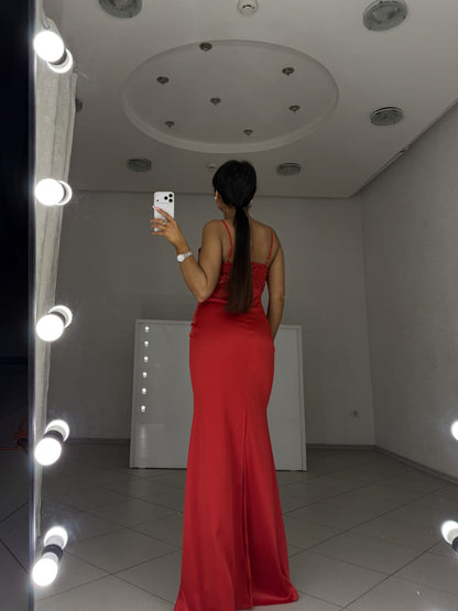 Red maxi dress Carmen with hidden back zip and hem slit - back view