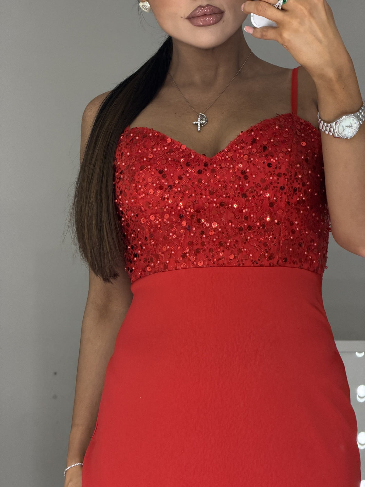 Luxury bead and sequin embroidery on bodice of red dress Carmen - close-up