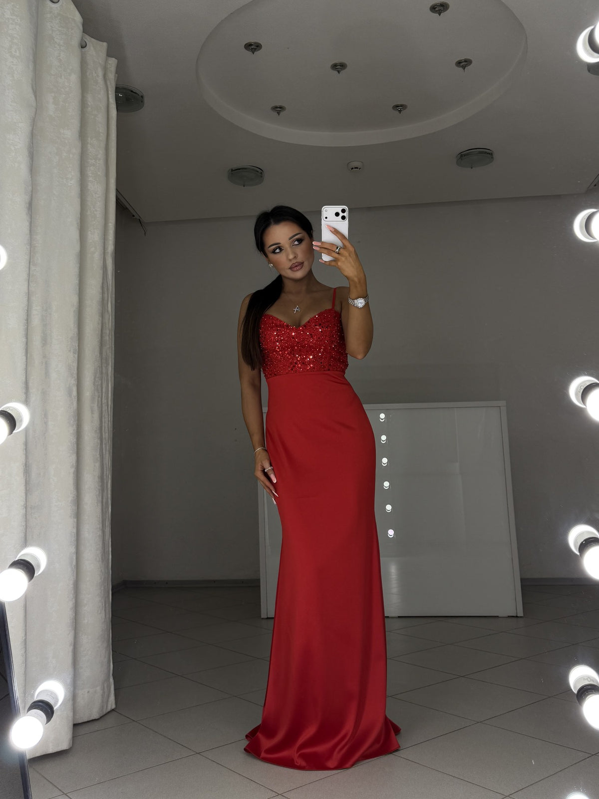 Red maxi dress Carmen with flared hem - full-length front view