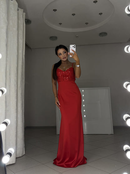 Red maxi dress Carmen with flared hem - full-length front view