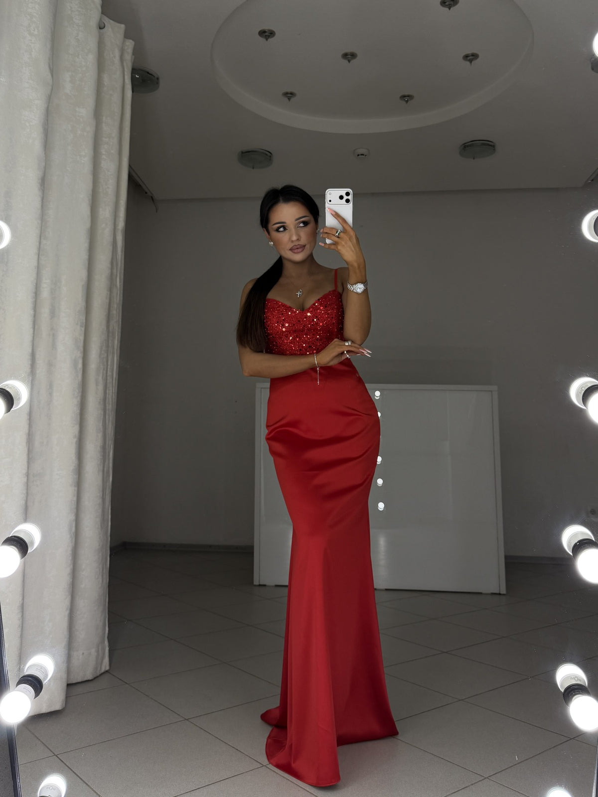 Red satin evening dress Carmen with sweetheart neckline - front view