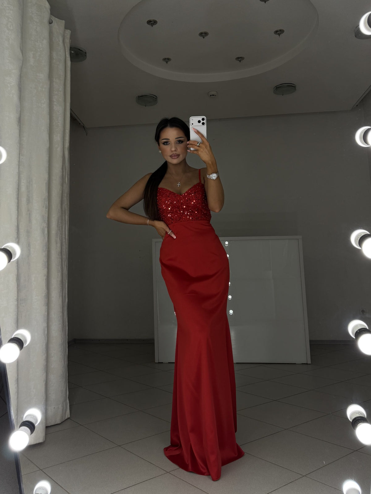 Red fitted maxi dress Carmen with soft flare toward the hem - front view