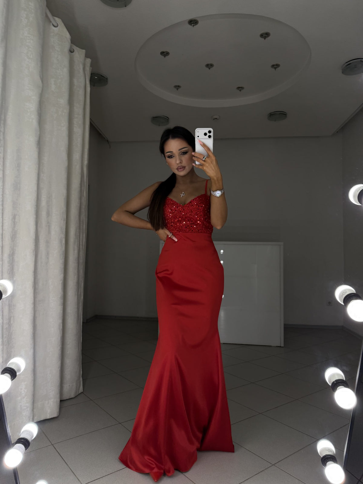 Red mermaid-style maxi dress Carmen in matte satin - full-length view