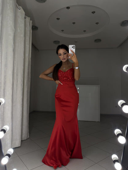 Red mermaid-style maxi dress Carmen in matte satin - full-length view