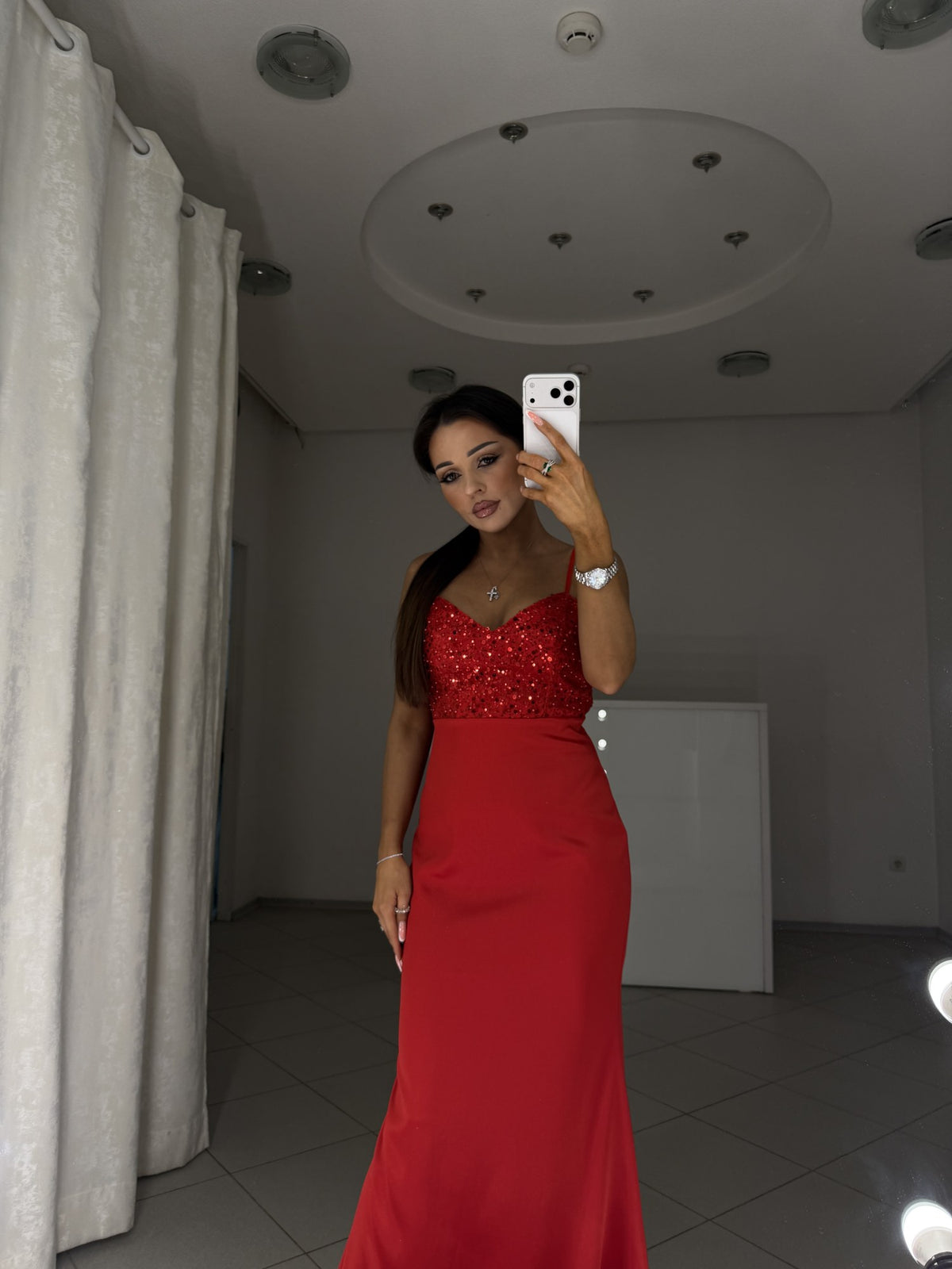 Red maxi dress Carmen with sequin bodice and thin straps - front view