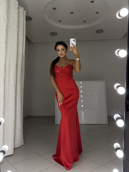 Red satin dress Carmen with beaded bodice - three-quarter view