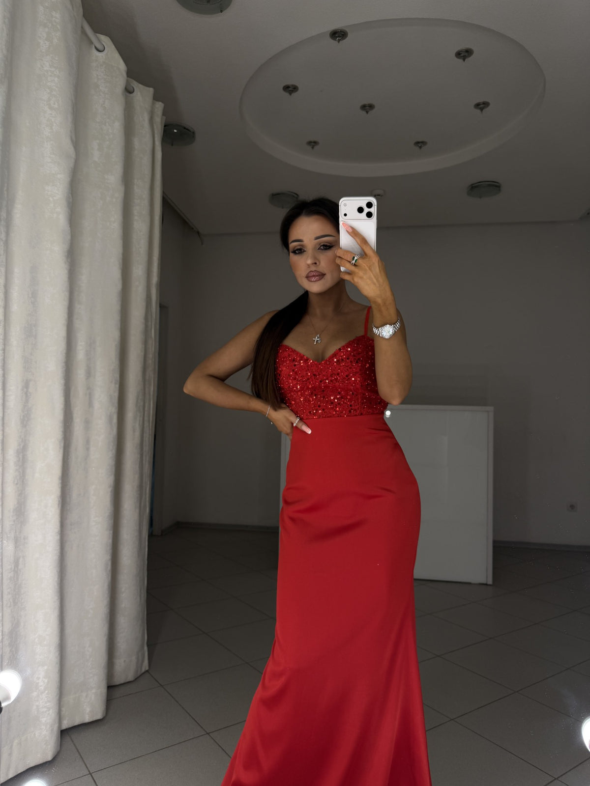 Red evening dress Carmen fitted at the waist and hips - front view