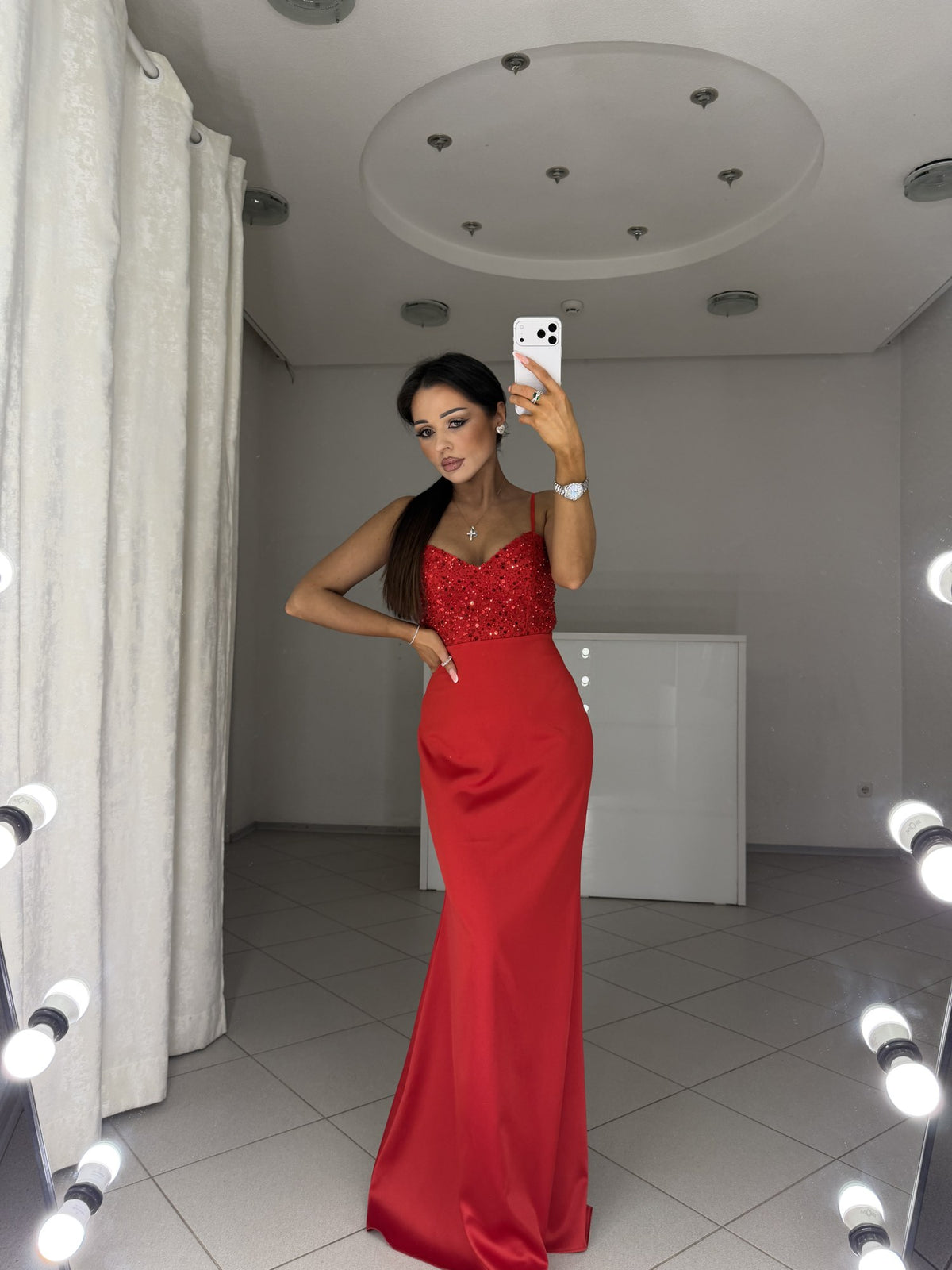 Red maxi dress Carmen with luxury beaded bodice - side view