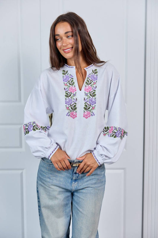 Vyshyvanka "Dana" white embroidered blouse - front view, smiling
