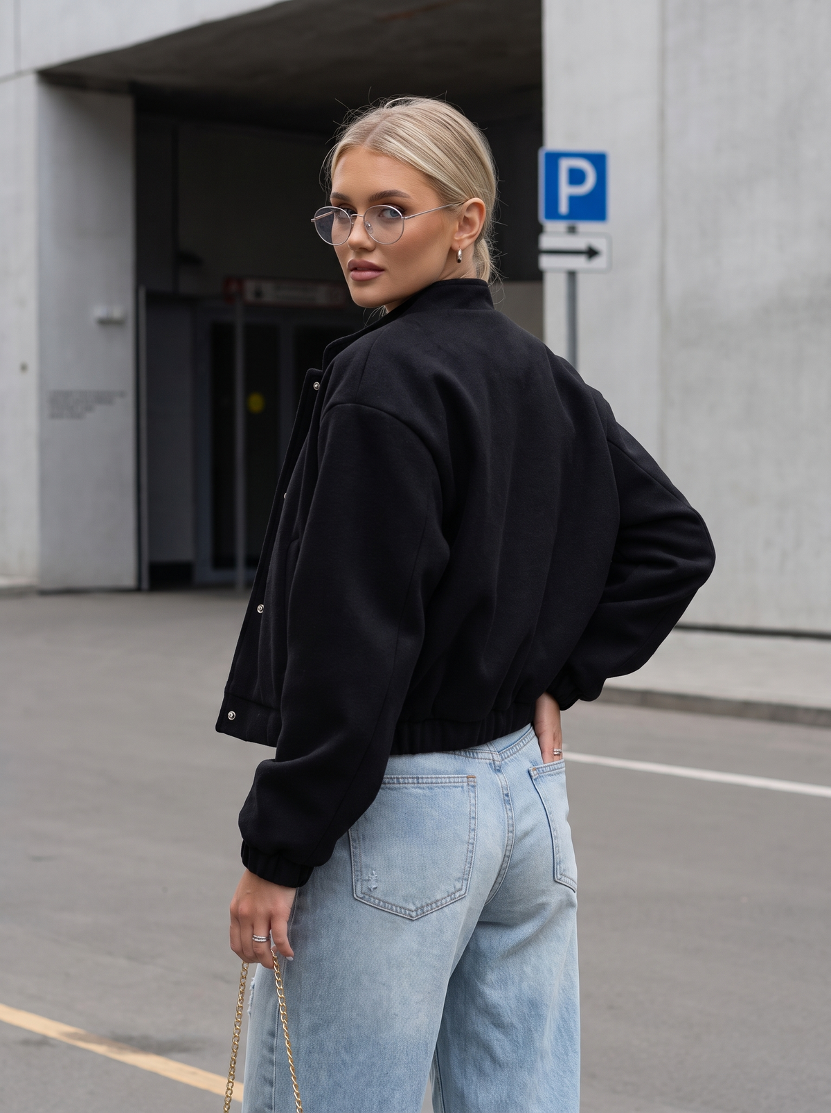 Black wool-blend cropped bomber jacket - back view