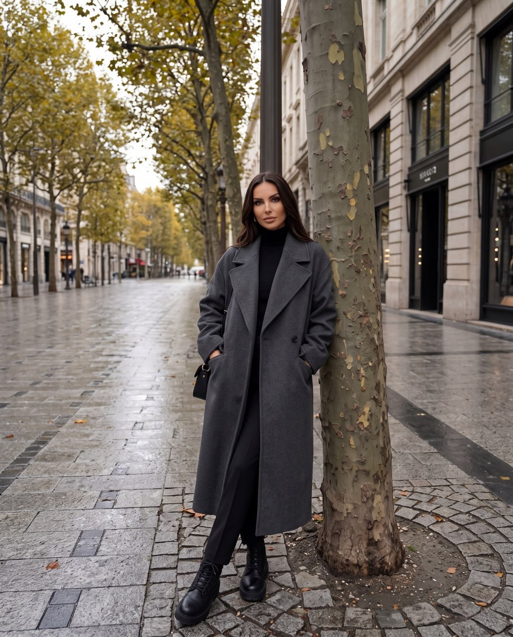 Coat Amara gray coat with wide lapel collar, leaning on tree