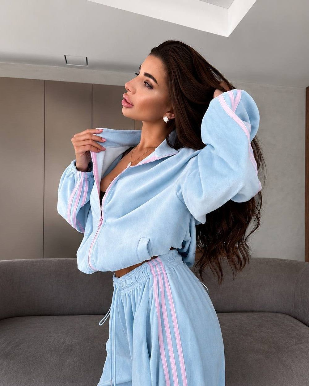Light blue velour tracksuit with embroidered trident and wheat wreath, oversized loungewear set, front view