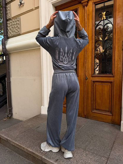 Grey-blue velour tracksuit loungewear set, relaxed-fit hoodie and joggers, back view