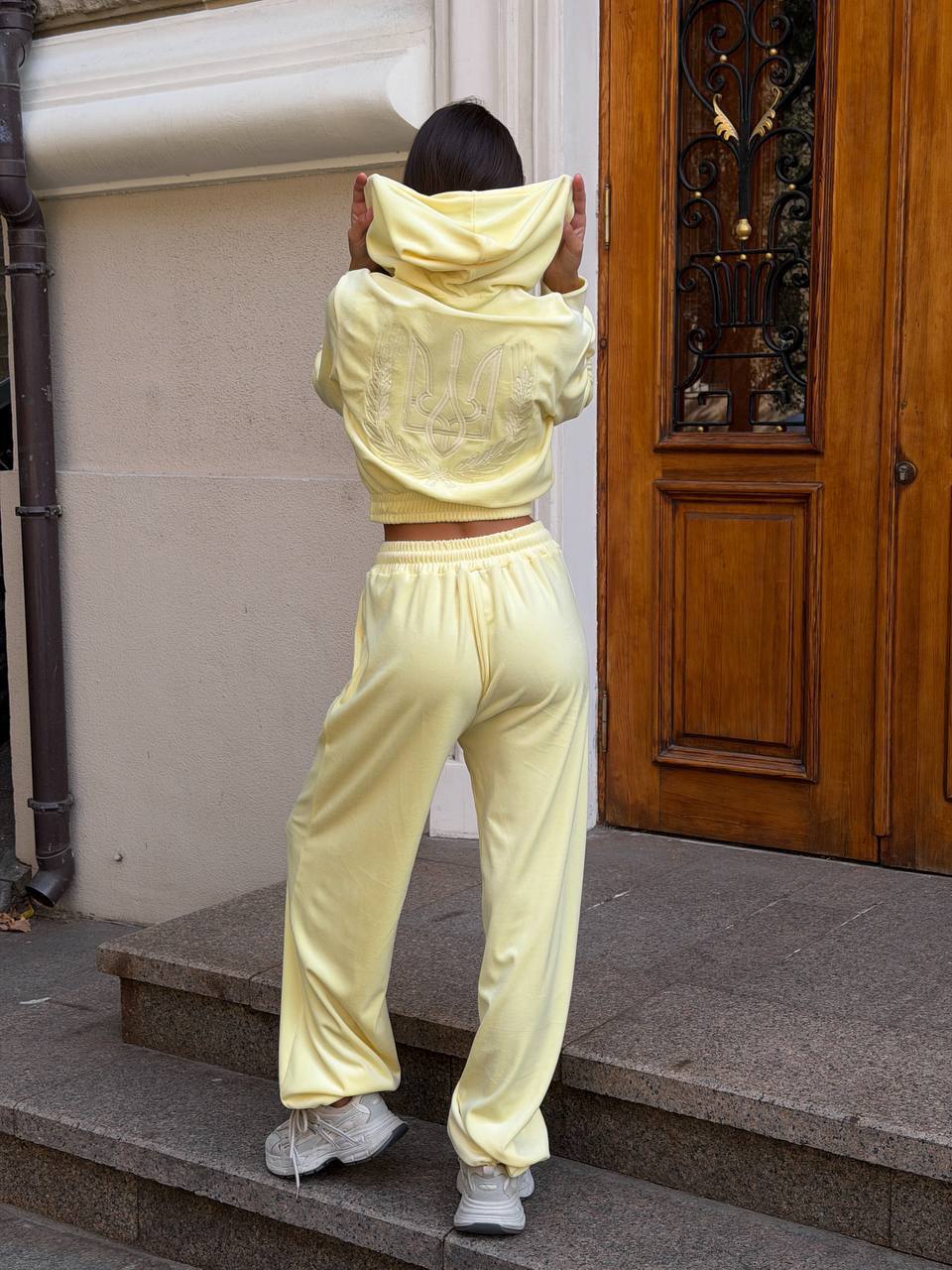 Grey melange velour tracksuit with embroidered trident and wheat wreath, oversized loungewear set, front view